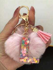 Letter Initial Keychain, Cute Fluffy Ball Keyring, Can Be Hung On Bags, Backpacks, Cars, Ideal Gift For Women And Girls, Also A Wallet And Handbag Accessory. This Tassel Keychain Includes Letters A-Z, Suitable For Commuting Wear. - Pink - View 16