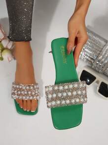 New Plus Size Women Square Toe Pearl Leather Flat Slippers Sandals, Casual Fashion Outdoor Beach Wear Summer Shoes