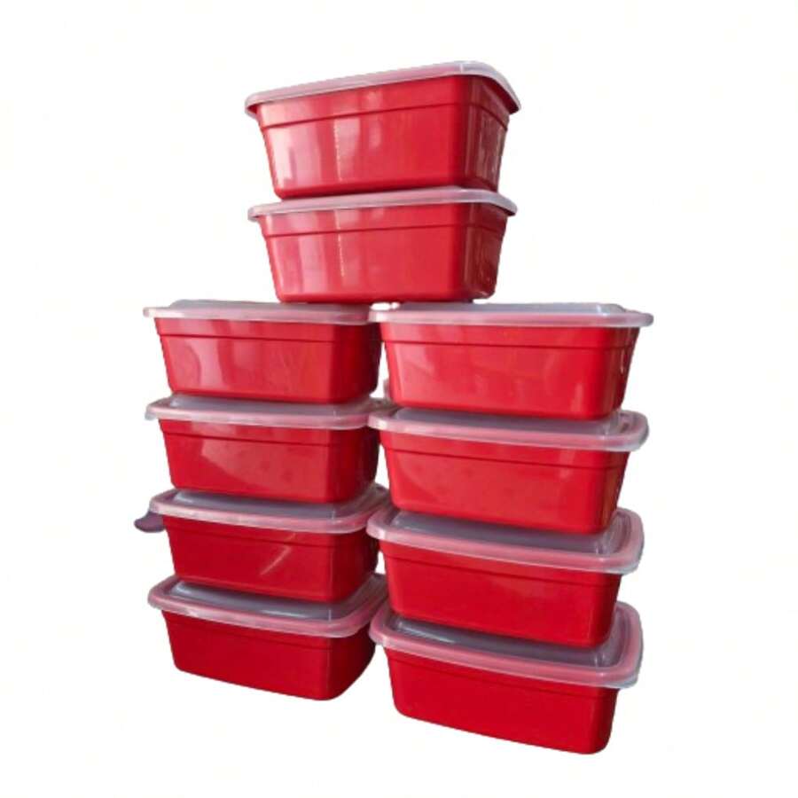 Kit Of 10 1 Liter Transparent Rectangular Washable Fitnees Lunch Box Pots - Rojo - Ver 1