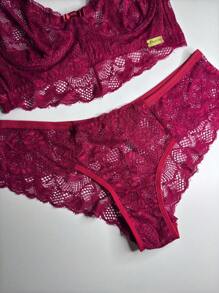 Plus Size Lingerie Set Lace Elegance Comfort Non-Padded Bra - Đỏ - Xem 3