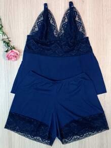 Baby Doll Ribbed Lace Comfort Without Padded Lined Pajama Short Doll - 544 - Navy Blue - View 3