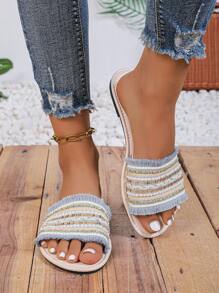 1 双加大码彩色面料拼接串珠波西米亚风格平底凉鞋，适合少女和女孩，圆头，防滑，舒适，适合室内/室外、日常穿着、度假、夏季 - 藍白色 - 查看 6