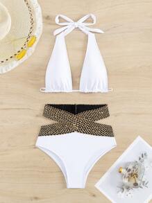 女士高腰比基尼两件套泳衣，时尚夏季 - 白色 - 查看 2