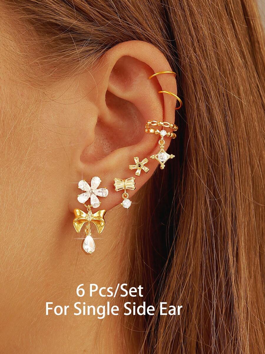 6 Pcs Luxurious Zirconia Flower Bow Earrings Set Y2K Earrings Pack For Women Crystal Ear Cuffs Set Stacked Earring Jewelry - Multicolor - View 1