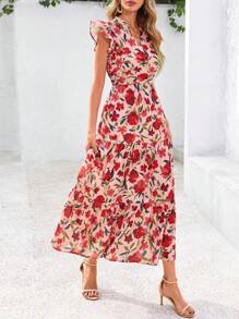 Women's Summer Print Mid-Length Dress With Sleeve Cap V-Neck Ruffled Long Flowing Bohemian Style Casual Beach Vacation Dress And Sundress - 橘粉底紅花 - 查看 1