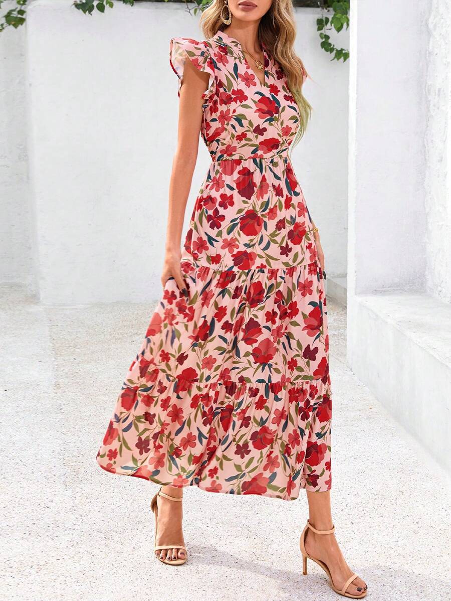 Women's Summer Print Mid-Length Dress With Sleeve Cap V-Neck Ruffled Long Flowing Bohemian Style Casual Beach Vacation Dress And Sundress - 橘粉底紅花 - 查看 1