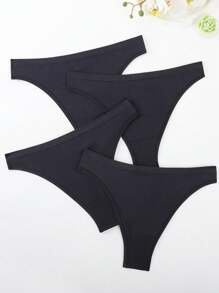 HANQIYA 4pcs Women's Plus Size Black Solid Color Thong Panties, Elegant & Simple, Moisture-Wicking & Breathable