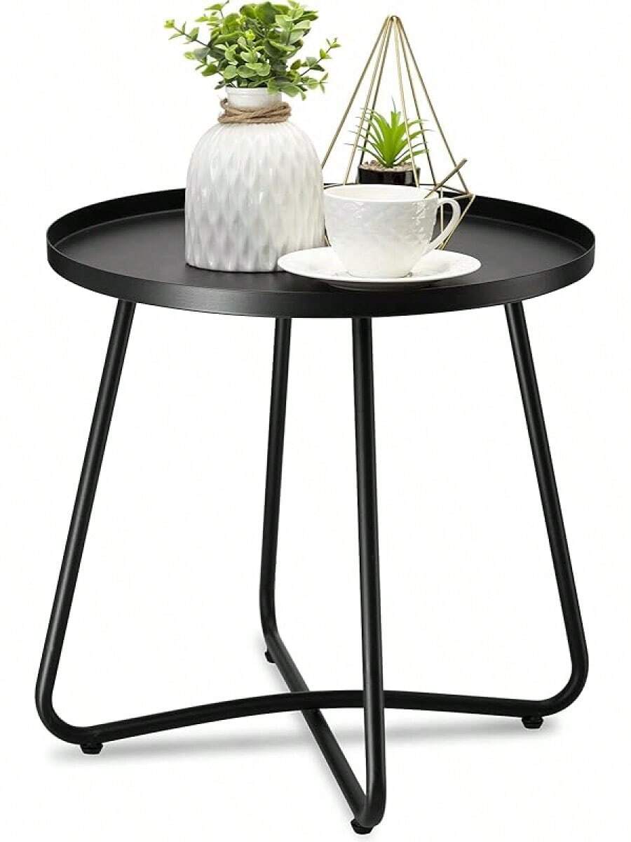 Outdoor Side Tables, Weather Resistant Steel, Small Round End Table For Patio Yard Balcony Garden Bedside Black