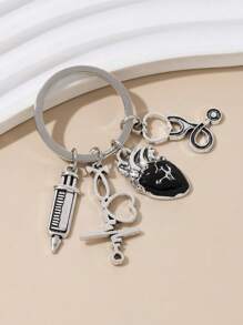 1 Pc Oil Drop Heart Shape Syringe & Stethoscope & Heart Shaped Keychain, Doctor & Nurse Tools Keyring Street Valentine's Day Valentines