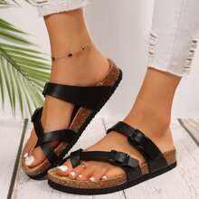 Women's Cork Footbed Sandal With Adjustable Buckle,Comfortable Summer Beach Sandals - 全黑 - 查看 7