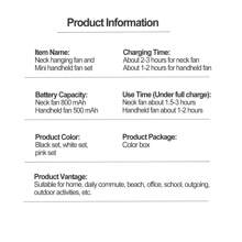 AOYI Portable Neck Fan & Hand Fan Kit, Rechargeable Wearable Personal USB Necklace Fan, Mini Handheld Fan 3-Speed, Essential For Summer Cooling, Suitable For Travel, Office, Home, Outdoor, Sports, Beach, Travel, Random Charging Port - Set - View 10