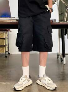 1 quần ống đứng nhiều túi màu trơn rộng rãi thoải mái cho bé trai và thanh thiếu niên, mùa xuân/hè - màu đen - Xem 1