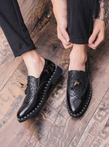 Pointed Toe Slip-On Leather Shoes, Korean British Style Fashion Casual Business Dress Loafers, Tassels Breathable Oxfords, Low-Top Designer Dress Shoes - Black - View 6