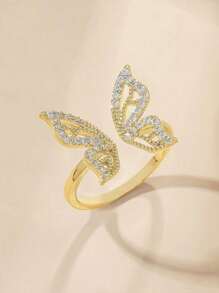 1pc Fashionable Elegant Sparkling Butterfly Adjustable Ring - Yellow Gold - View 5