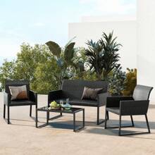 GOFLAME  4 Pcs Wicker Patio Furniture Set Outdoor Conversation Set W/Tempered Glass Table - Black - View 5