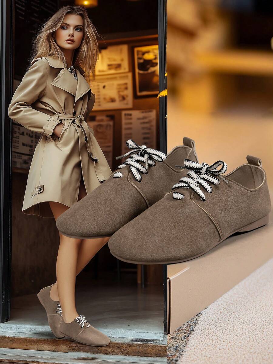 女士棕色绒面圆头系带平底鞋，大码休闲舒适软底轻便一脚蹬乐福鞋，适合通勤、工作、妈妈鞋、春秋季