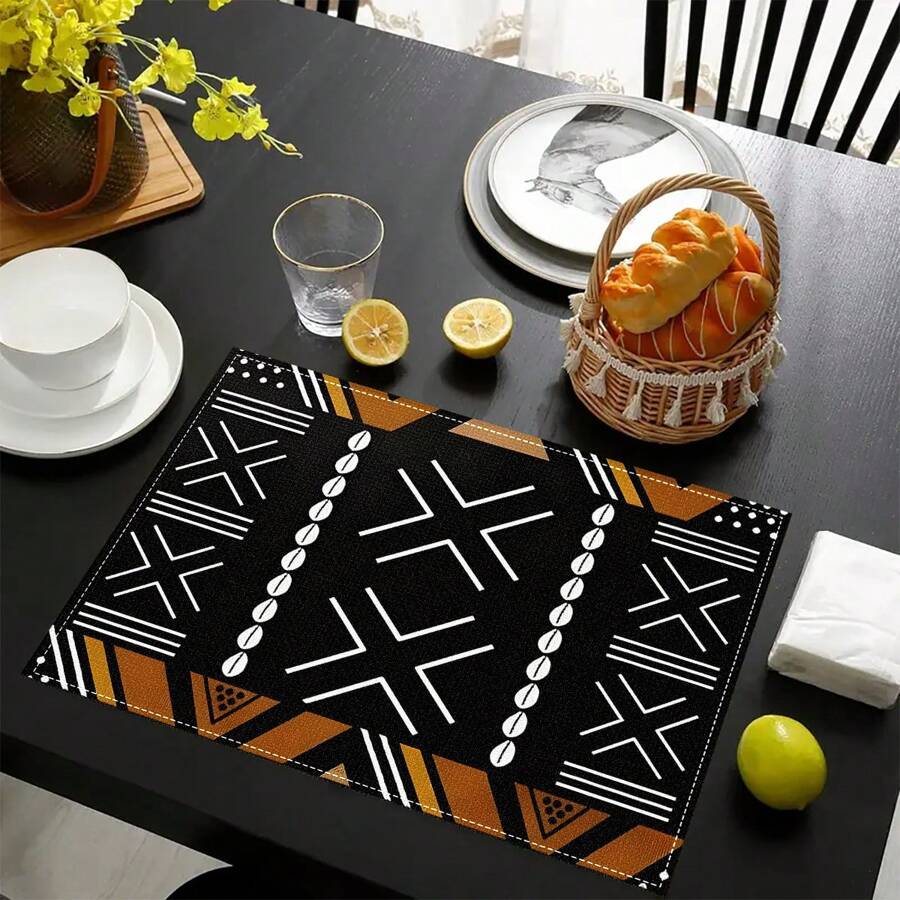 1pc/4pcs/6pcs African Pattern Linen Placemats, Geometric Style, Suitable For Dining Table, Spring/Summer Decor, Farmhouse Rustic Washable Tableware Mats, Room Decoration - XYCD022 - View 1