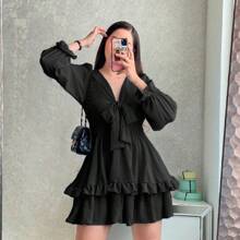 Vestido corto olan bajo, manga aglobada, escote v, detalle moño - Negro - Ver 2