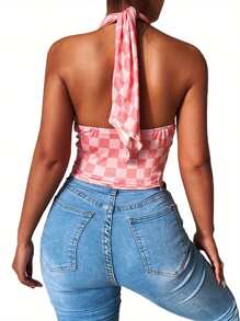 Women Halter Tank Tops With Hollow Chest, Skinny Fit Geometry Pattern Summer Clothing - Pink - View 8