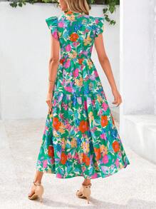 Women's Summer Print Mid-Length Dress With Sleeve Cap V-Neck Ruffled Long Flowing Bohemian Style Casual Beach Holiday Dress - 綠底橘花色 - 查看 2