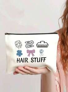 带定位印花的女士发饰收纳包 - 无香型多功能化妆包，可存放发带、发夹、发带 - 非常适合旅行、新娘派对和伴娘礼物 - 米色 - 查看 3