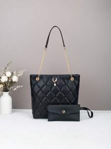 2pcs Set Solid Color Quilted PU Leather Shoulder Bag With Pearl Tassel Zipper Closure Design, Simple & Versatile, Suitable For Daily Use/Shopping - Multicolor - View 7