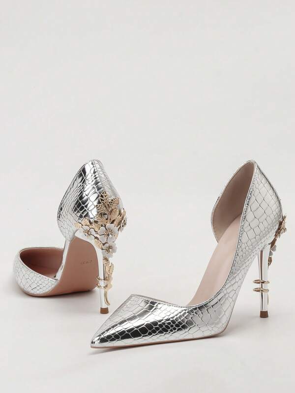 Metallic Floral Pointed-Toe Hollow Out Stilettos High Heels Formal Shoes, Luxury Sexy Women Pumps