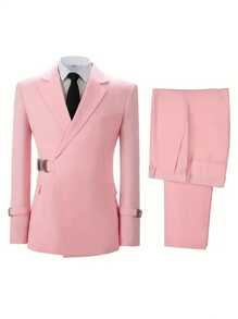 2-Piece Men's Suits, Slim Fit Suit With Double-Breasted Notched Lapel Solid Suit Jacket And Pants Set For Evening Party Prom - Pink - View 2