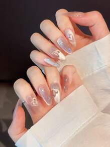 YADORNOS 10Pcs Glitter Pink Love Cat'S Eye French 3D Butterfly Rhinestone Handmade Acrylic Press On Nails Spring Summer Simple Sweet Cute Butterfly Rhinestone Decoration Short Coffin/Long Oval False Nails Full Cover Fake Nails With Jelly Glue And Nail File Back To School Valentine'S Day Wedding Bride Daily Wear Nail Supplies Nails Handmade Press On Nails - Pink - View 3