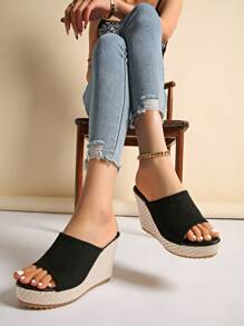 2024 Wiosna/Lato Nowe Sandały Damskie, Platforma z Odkrytymi Palcami, Grube Obcasy, Zamszowe Wsuwane Kapcie Na Wysokich Obcasach, Buty Damskie Plus Size - Czarne - Zobacz 4