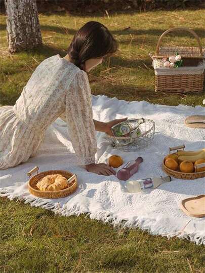 1 件白色野餐垫防潮毯，适合户外露营、后院野餐等，野餐毯