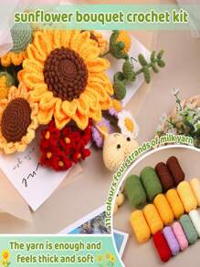 1 Conjunto Kit de Crochê de Buquê de Flores para Iniciantes, DIY Tricô de Lã, Material do Buquê de Rosas, Tulipas, Girassóis com Acessórios Básicos e Tutoriais, Presente Ideal para Férias