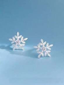 1 Pair Simple Elegant Petite Snowflake Zirconia Stud Earrings, Suitable For Daily Wear Valentine's Day Accessories - Silver - View 5