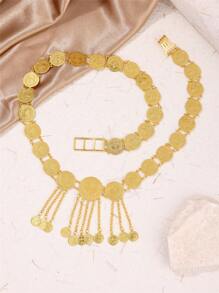 1pc Gold Tone Coin Shaped Alloy Bride Waist Chain, Exquisite Tassel Design, Saudi Arabian Style Fashion Waist Belt For Wedding, Party, Holiday