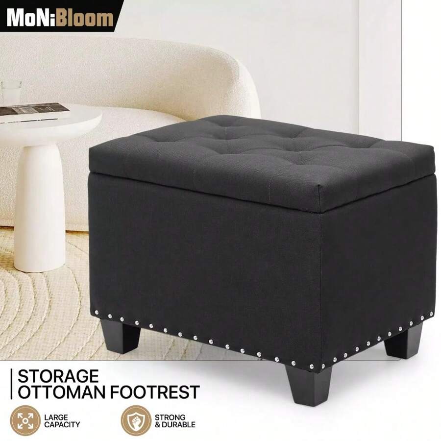 24-Inch Black Tufted Storage Bench Ottoman With Poufs, Upholstered Footrest, And Lift-Top Stool Design - Default - View 1
