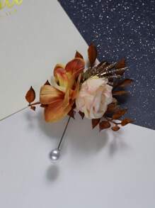 1pc Champagne Colored Groom Wedding Boutonniere, European Style Flower Brooch Decor For Wedding, Banquet, Business Meeting
