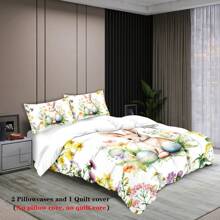 Juego de Edredón de 3 Piezas con Tema de Pascua con Estampados de Conejo, Floral y Huevos de Pascua (1 Edredón + 2 Fundas de Almohada; Sin Relleno), Un Juego de Ropa de Cama Suave y Cómodo Adecuado para Decorar Habitaciones de Hombres y Mujeres, Dormitorios y Hoteles de Negocios - KKL-SJT0408 - Ver 5
