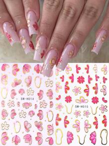 2 piezas Calcomanías de uñas 3D con flor de hibisco rosa dorada, pétalos de flor de corazón rojo degradado, trébol de cuatro hojas, lazo asimétrico y líneas metálicas a rayas estilo Y2K holográfico para decoración de uñas, suministros de arte de uñas