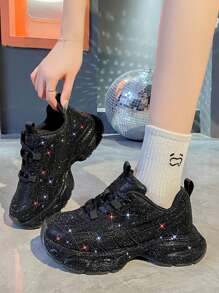 女士黑色水钻厚底运动鞋，2025 年春秋季时尚 Ins 风格增高休闲运动鞋 - 黑色 - 查看 5