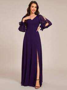 EVERPRETTY Spring Split Sleeve Split Thigh Chiffon Purple Bridesmaid Dress Wedding Guest Gown