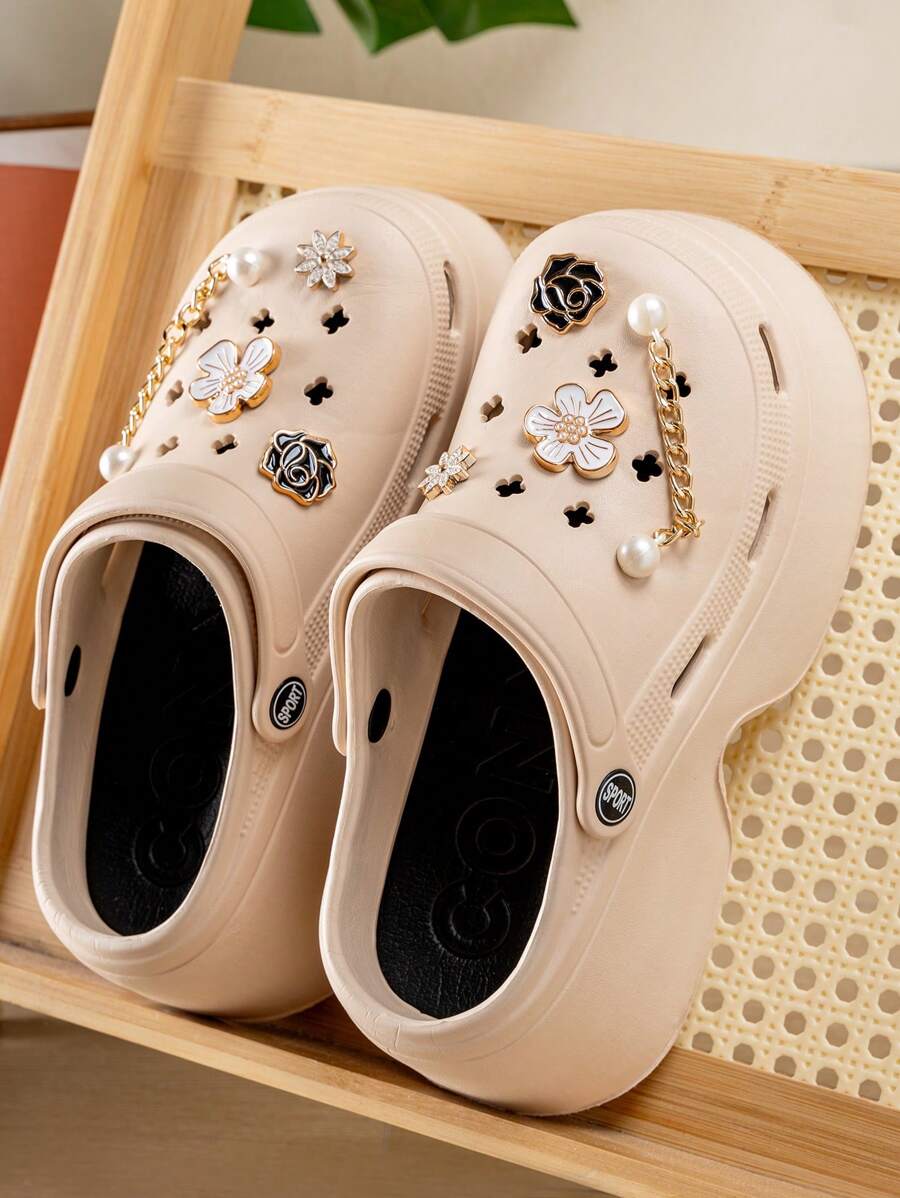 女士镂空鞋，DIY亮片装饰，朋克风厚底镂空设计，舒适花园鞋 - 卡其金色 - 查看 1