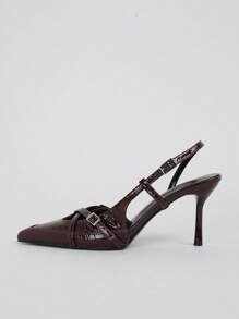 Giày cao gót mũi nhọn thanh lịch, có dây đeo khóa kim loại, da bóng màu đỏ tía, thích hợp cho đám cưới và tiệc tùng - Bordeaux - Xem 4