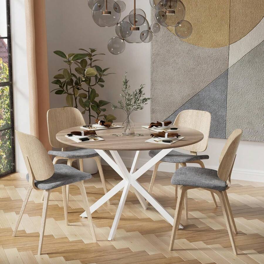 Round Table For Kitchen And Dining Room, Wooden Piece In Retro Industrial Design, White Metal Legs, Natural Walnut Finish (Chair Not Included)