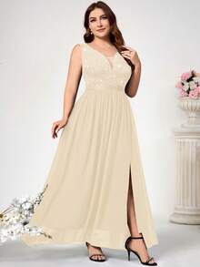 Plus Size Deep V-Neck Sequin Floral Lace Chiffon Sleeveless Formal Party Maxi Dress - Light Yellow - View 6