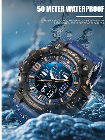  SMAEL 1pc Men's Outdoor Sport Watch, Blue Strap, Suitable For Outdoor Sports & Mountaineering, 50ATM Waterproof, Alarm Chronograph Luminous 12/24H, Gift For Boyfriend, Husband, Father