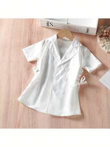 Vestido de moda de verano para niñas, vestido con cuello vuelto, manga corta, cierre de botones y cordón lateral - Blanco - Ver 3