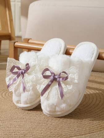 شباشب نسائية داخلية منزلية ذات فيونكة من الدانتيل، خفيفة الوزن مقاومة للانزلاق ودافئة ناعمة من النعل، مناسبة للخريف والشتاء