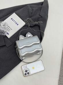 PU 材质纯色蝴蝶结装饰链条迷你手提包，可爱款式，适合儿童斜挎包 - 銀色 - 查看 3