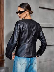 Women's Spring/Autumn Casual Simple Versatile Biker Jacket With Zipper Pockets - Black - View 2