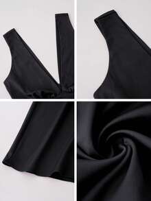 Look Polly 女士夏季连衣裙，纯色真丝吊带长裙，适合婚礼、秋季、返校季穿着，露肩正式礼服，优雅性感V领长裙 - 黑色 - 查看 11